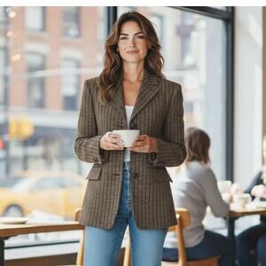 Vintage Zara Brown Tweed Striped 3 Button 3 Pocket Blazer Made in Spain Sze 8